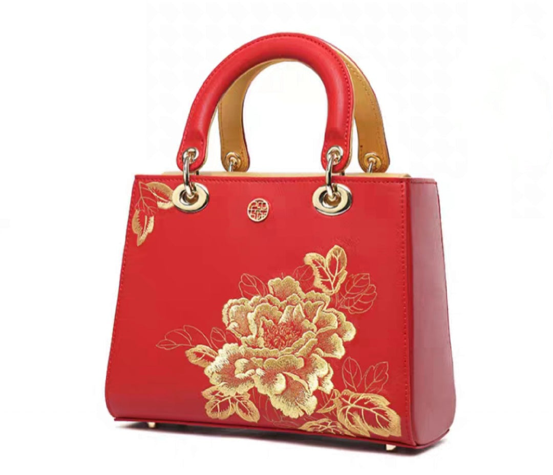 Seiko Embroidery Golden Peony Genuine Leather Handbag