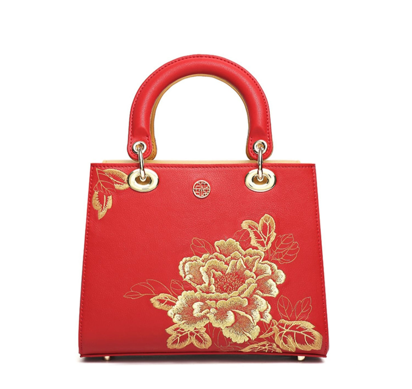 Seiko Embroidery Golden Peony Genuine Leather Handbag