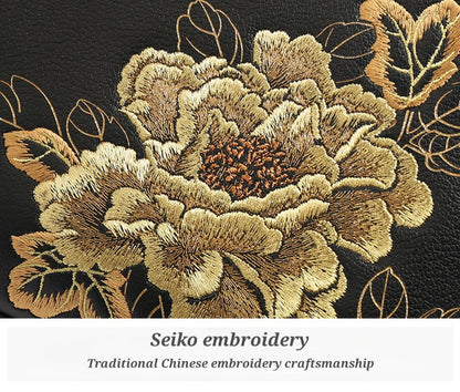 Seiko Embroidery Golden Peony Genuine Leather Handbag