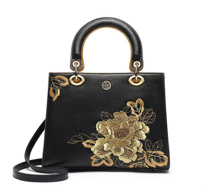 Seiko Embroidery Golden Peony Genuine Leather Handbag