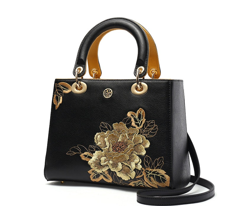 Seiko Embroidery Golden Peony Genuine Leather Handbag