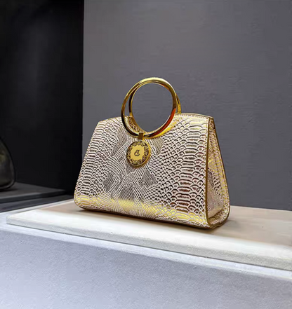 Embossed Genuine Leather Gold Shimmer Dual Top Round Ring Handles Handbag