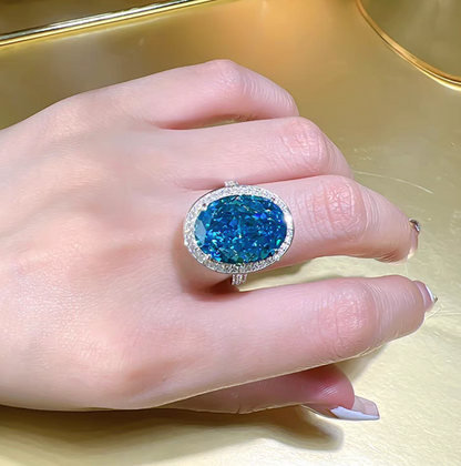 Eternal Azure Luminescence: 14Carat Cubic Zirconia Ring, 18k White Gold