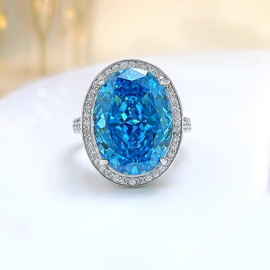 Eternal Azure Luminescence: 14Carat Cubic Zirconia Ring, 18k White Gold