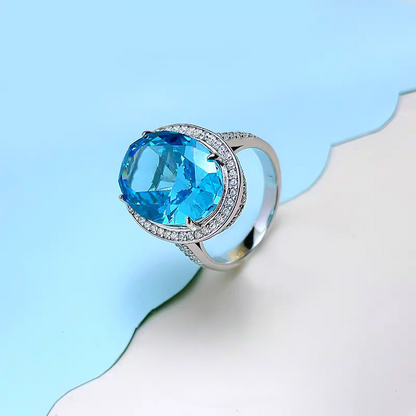 Eternal Azure Luminescence: 14Carat Cubic Zirconia Ring, 18k White Gold