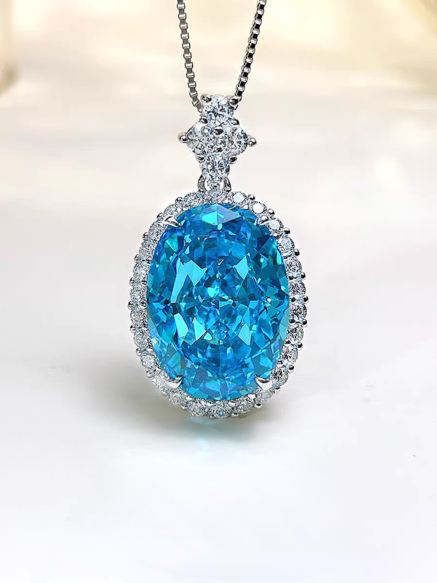 Eternal Azure Luminescence: 16Carat Cubic Zirconia Pendant, 18k White Gold