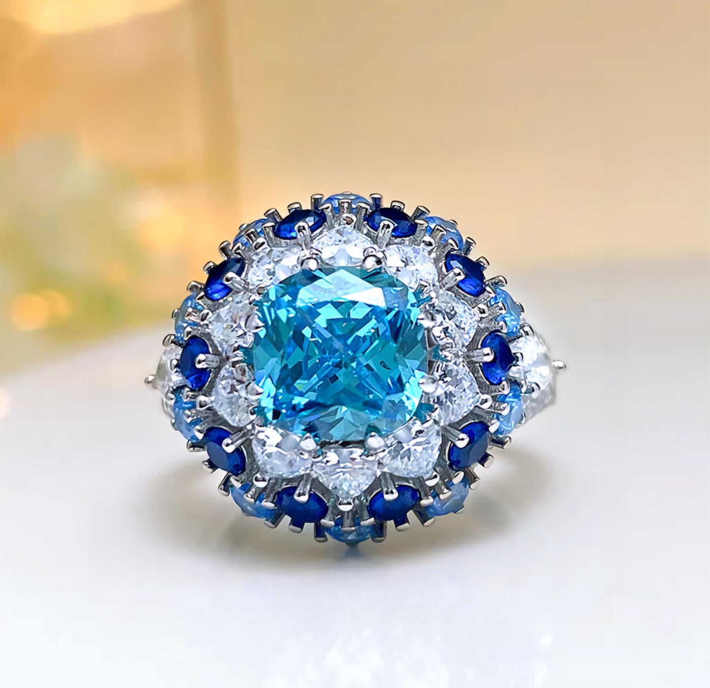 Eternal Azure Luminescence: 3Carat Cubic Zirconia Ring, 18k White Gold