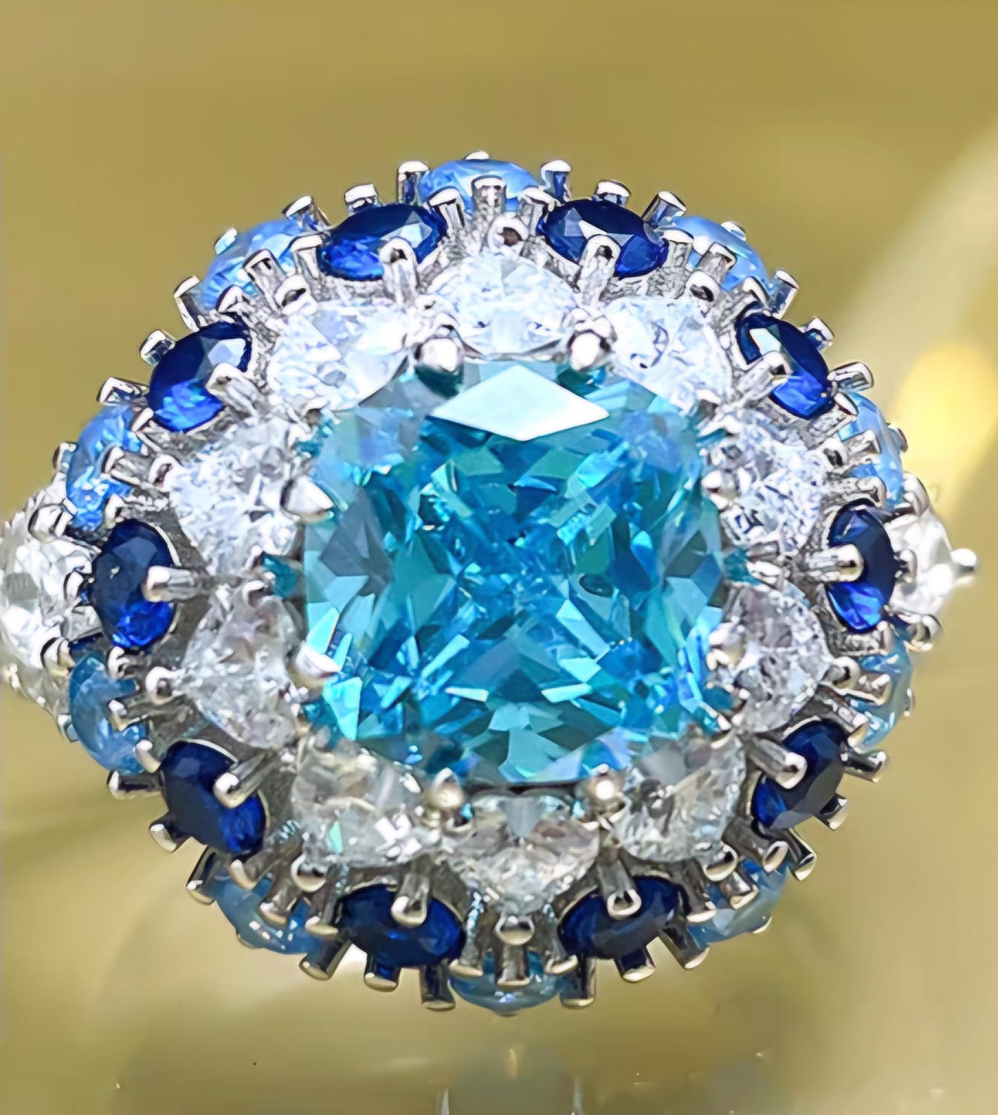 Eternal Azure Luminescence: 3Carat Cubic Zirconia Ring, 18k White Gold