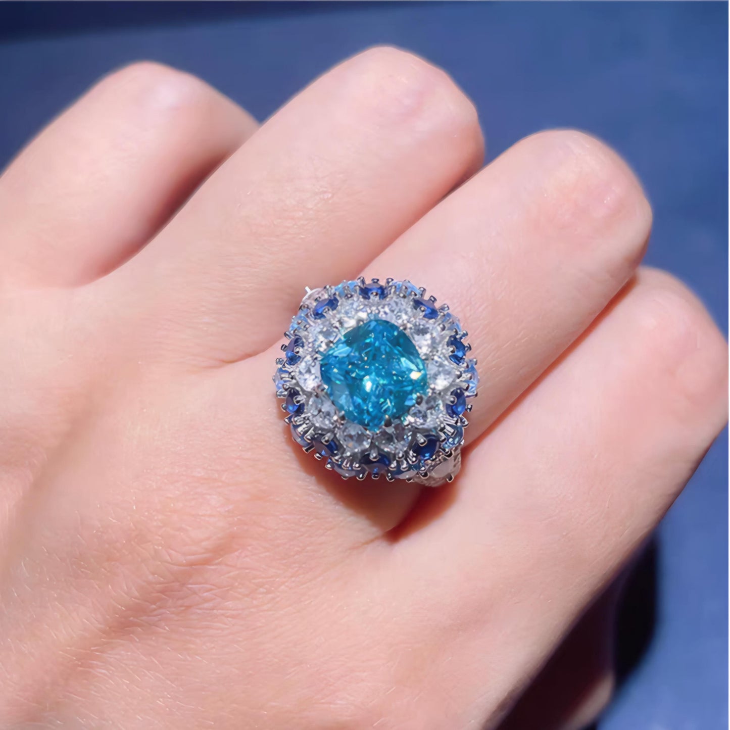 Eternal Azure Luminescence: 3Carat Cubic Zirconia Ring, 18k White Gold