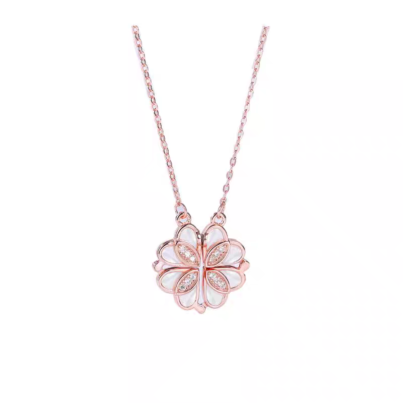 Shell with Premium Crystal | Four Heart (Open) Clover | Rose-Gold Plated Pendant