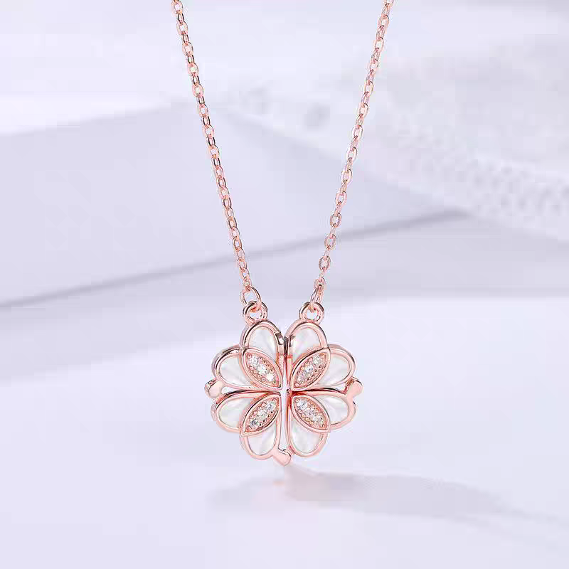 Shell with Premium Crystal | Four Heart (Open) Clover | Rose-Gold Plated Pendant