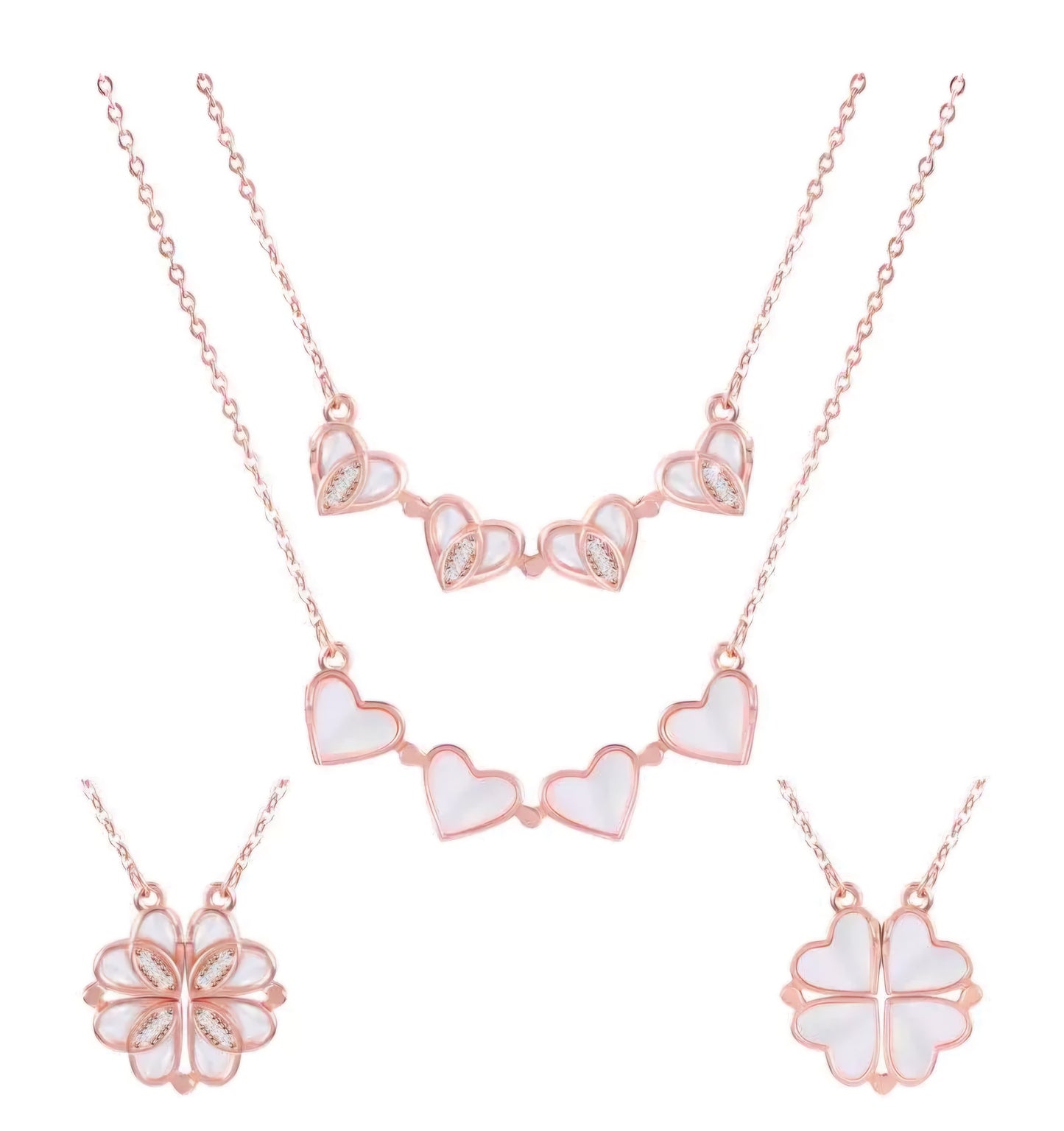 Shell with Premium Crystal | Four Heart (Open) Clover | Rose-Gold Plated Pendant