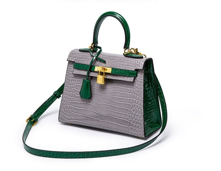 Genuine Leather Patent Dual Colour Embossed Crocodile Leather Trapezoid Handbag