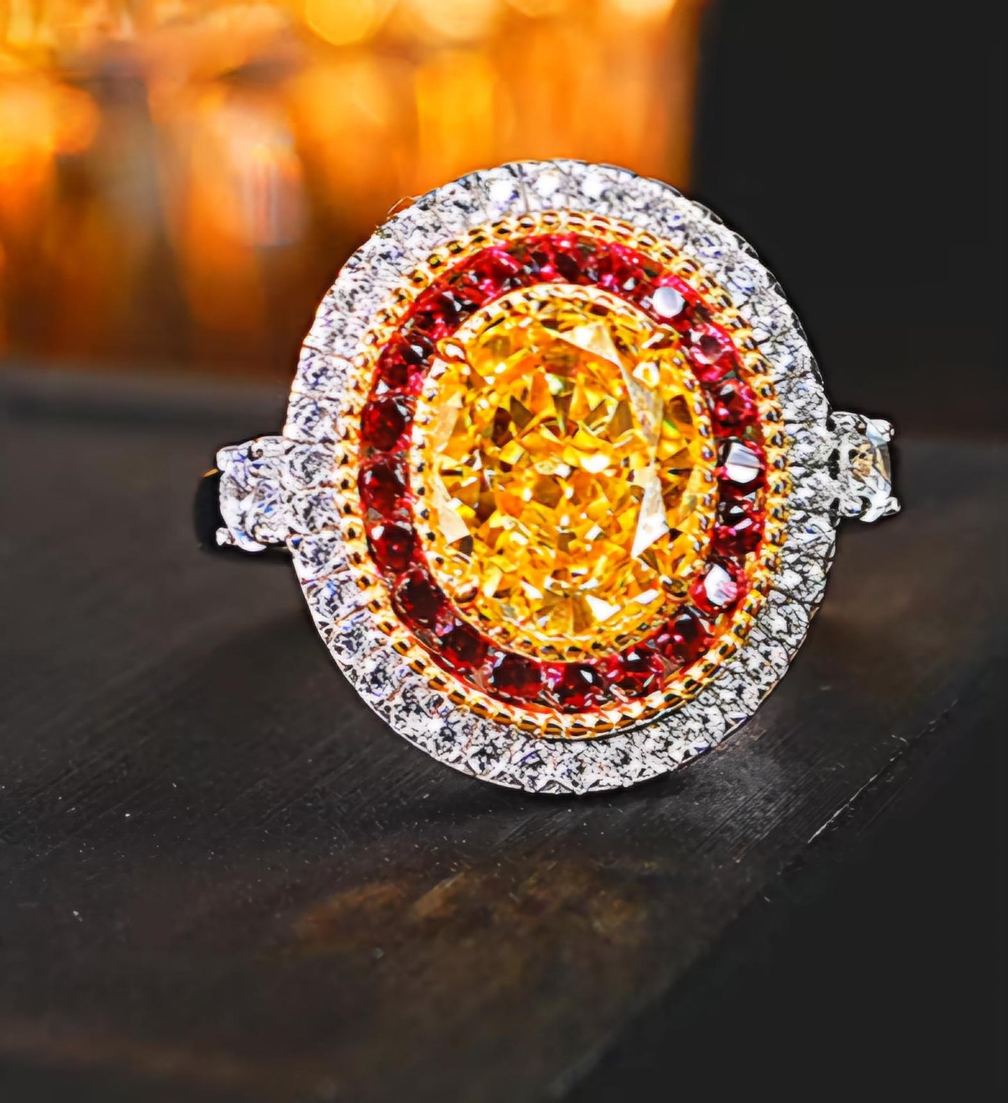 Golden Glacier Ember: 3Carat Cubic Zirconia Ring, 18k White Gold