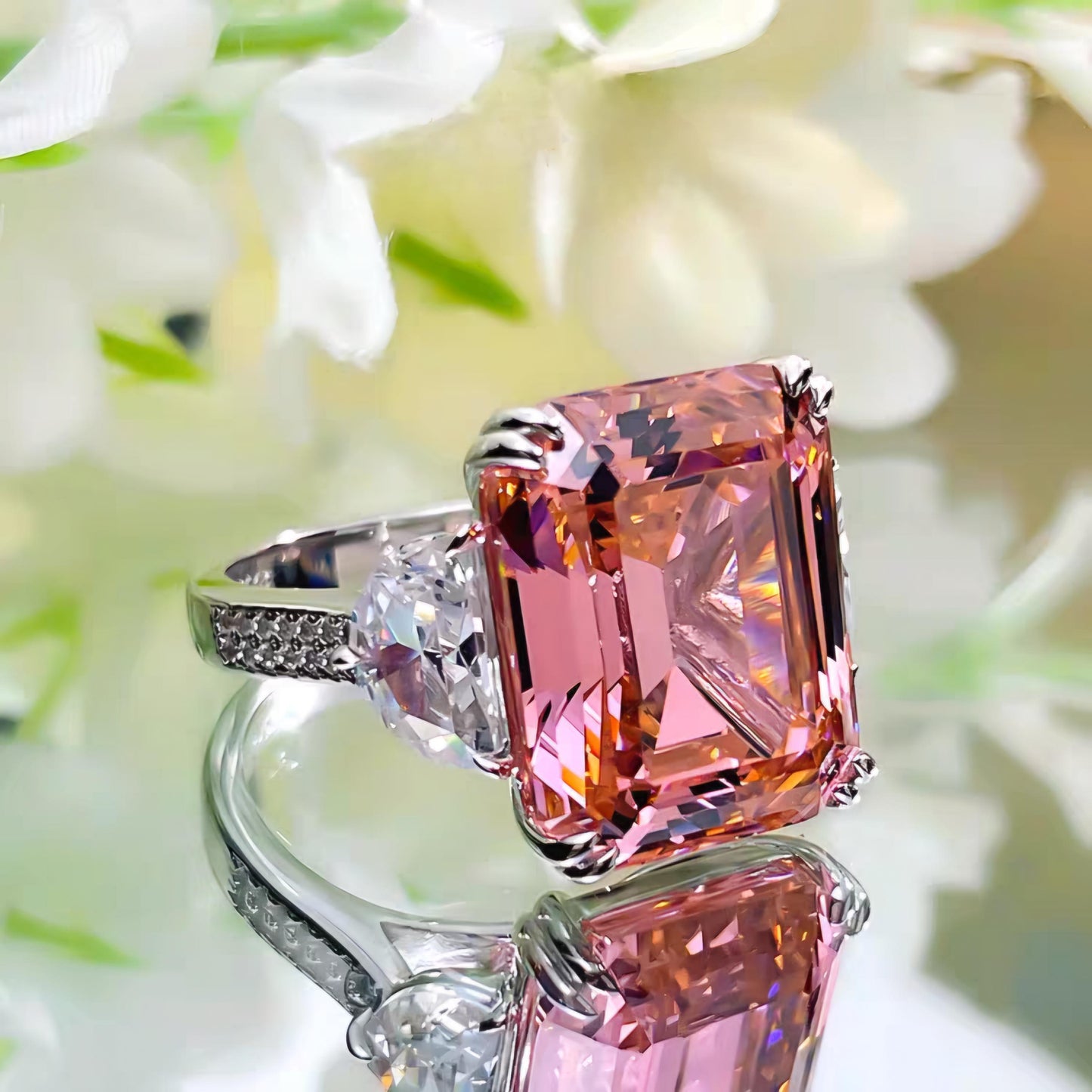 Padparadscha Blush Prism: 15Carat Cubic Zirconia Ring, 18k White Gold