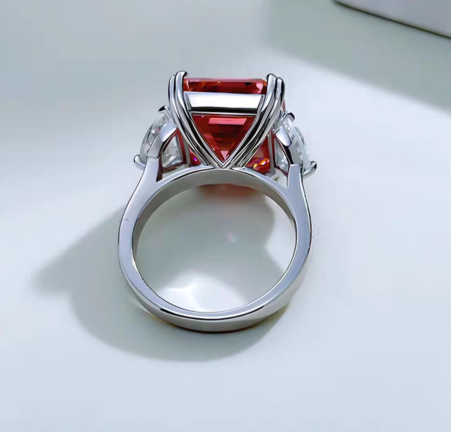 Padparadscha Blush Prism: 15Carat Cubic Zirconia Ring, 18k White Gold