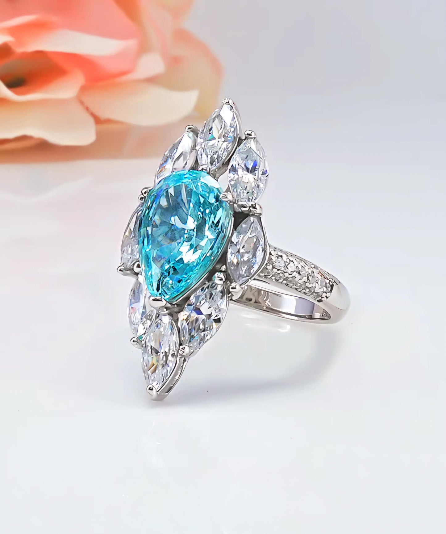 Ocean Tear Radiance: 4Carat Cubic Zirconia Ring, 18k White Gold