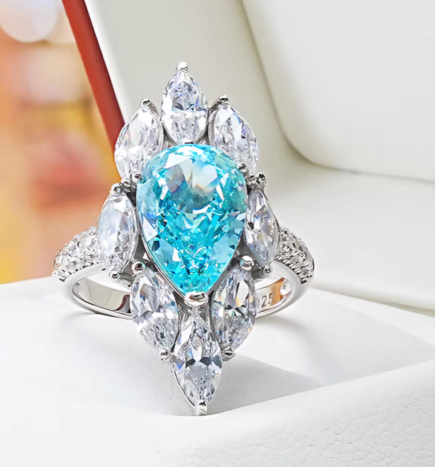 Ocean Tear Radiance: 4Carat Cubic Zirconia Ring, 18k White Gold