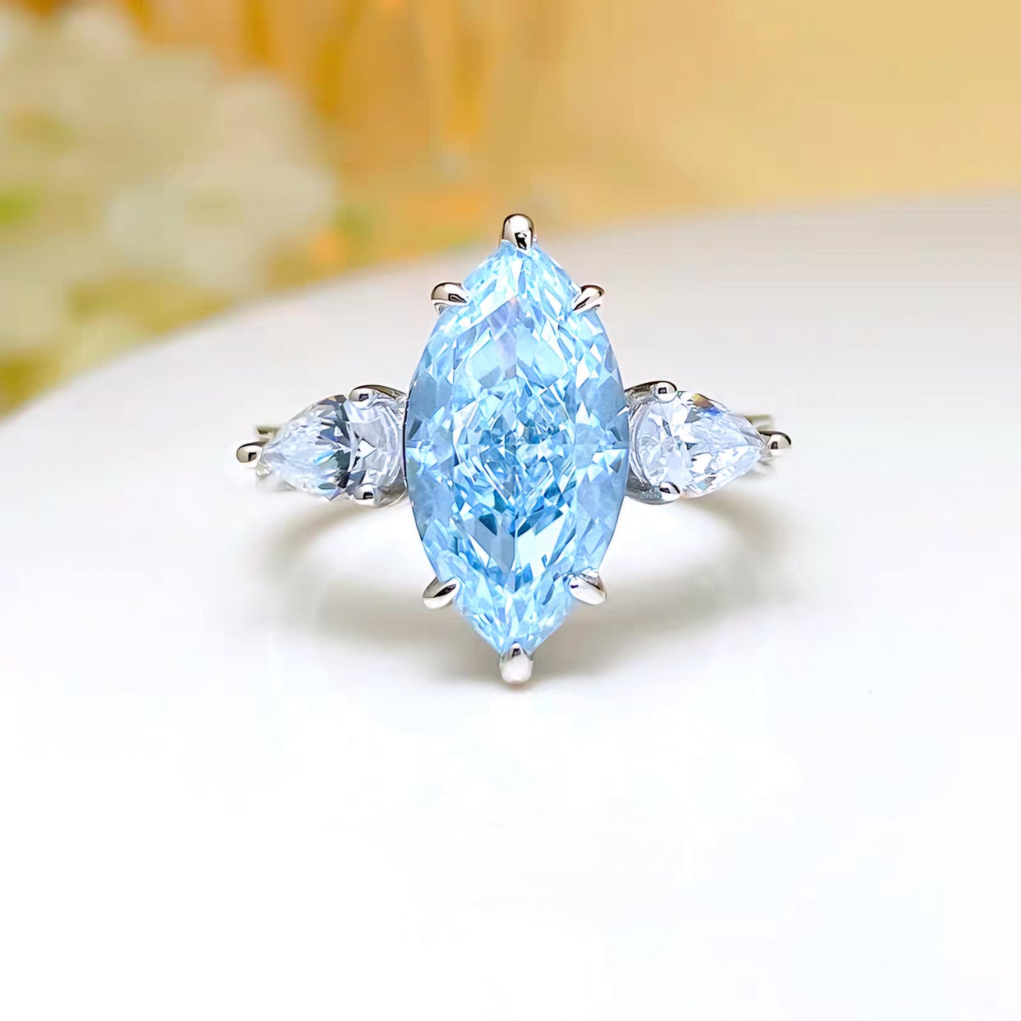 Marquise Aquamarine Haze: 8Carat Cubic Zirconia Ring, 18k White Gold