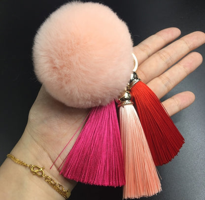 Rabbit Fur Plush Ball with Tassels Bag Keychain Accessory