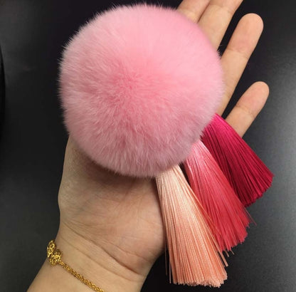 Rabbit Fur Plush Ball with Tassels Bag Keychain Accessory